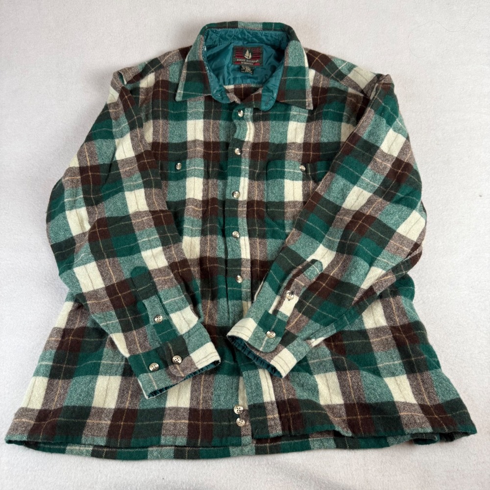 High Sierra Mens XL Wool‎ Blend Plaid Flannel Shirt Green Brown Vintage Mervyns